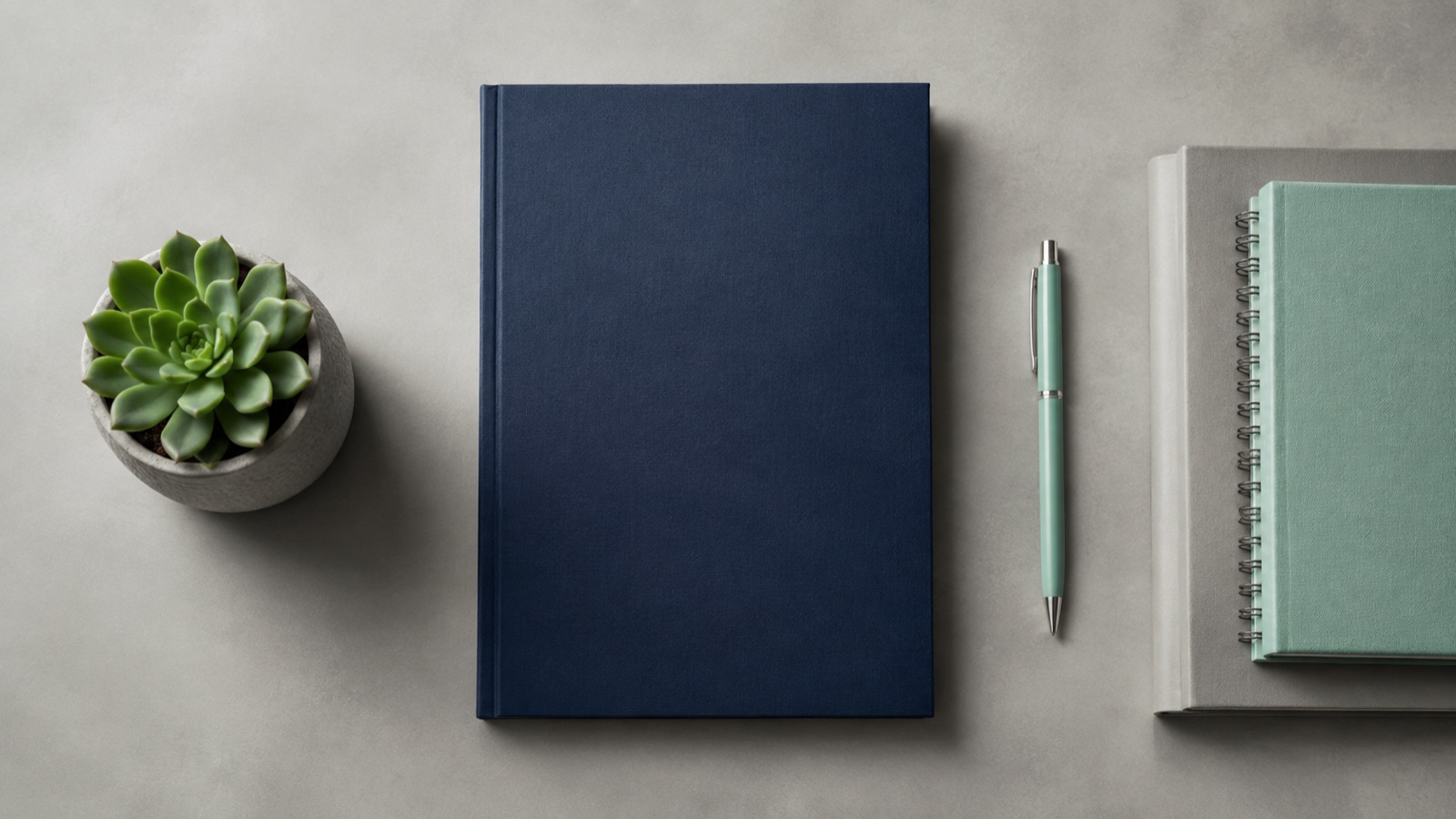 A navy hardback document on a desk beside notebooks and a pen
